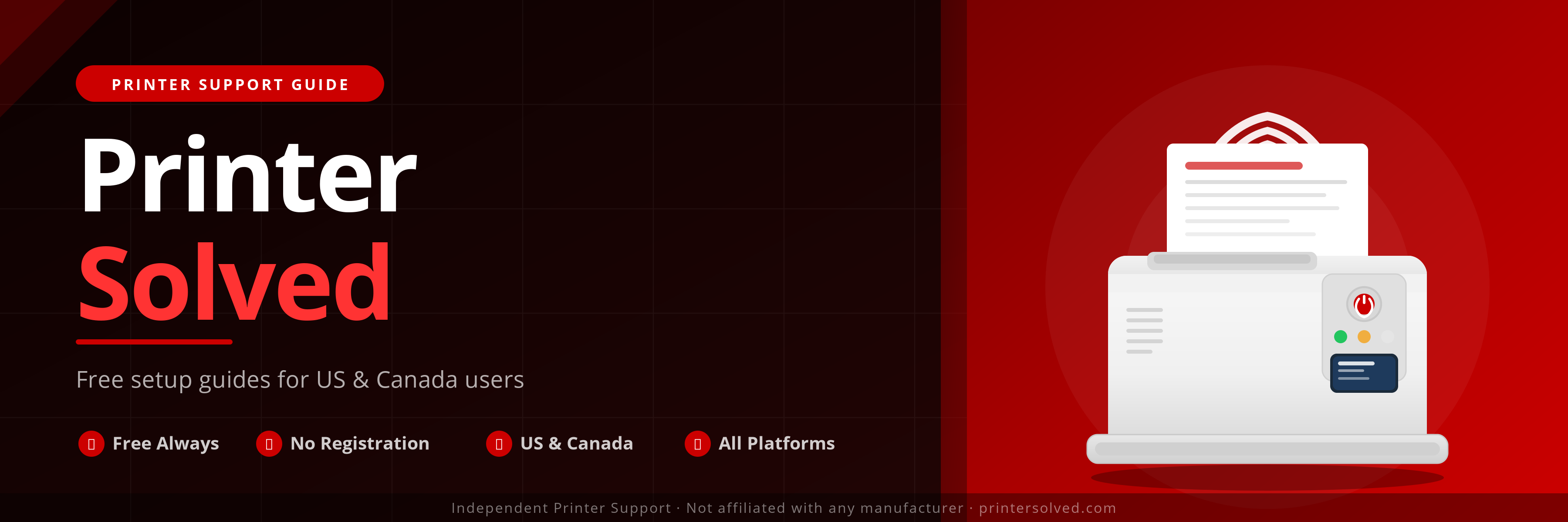 PrinterSolved — Your Printer Problem Solved. Free printer setup guides for US and Canada.